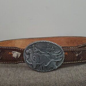 Brazos Joe Leather Belt Zee Series Buckle Hand Painted Eagle Sunset Sz 32